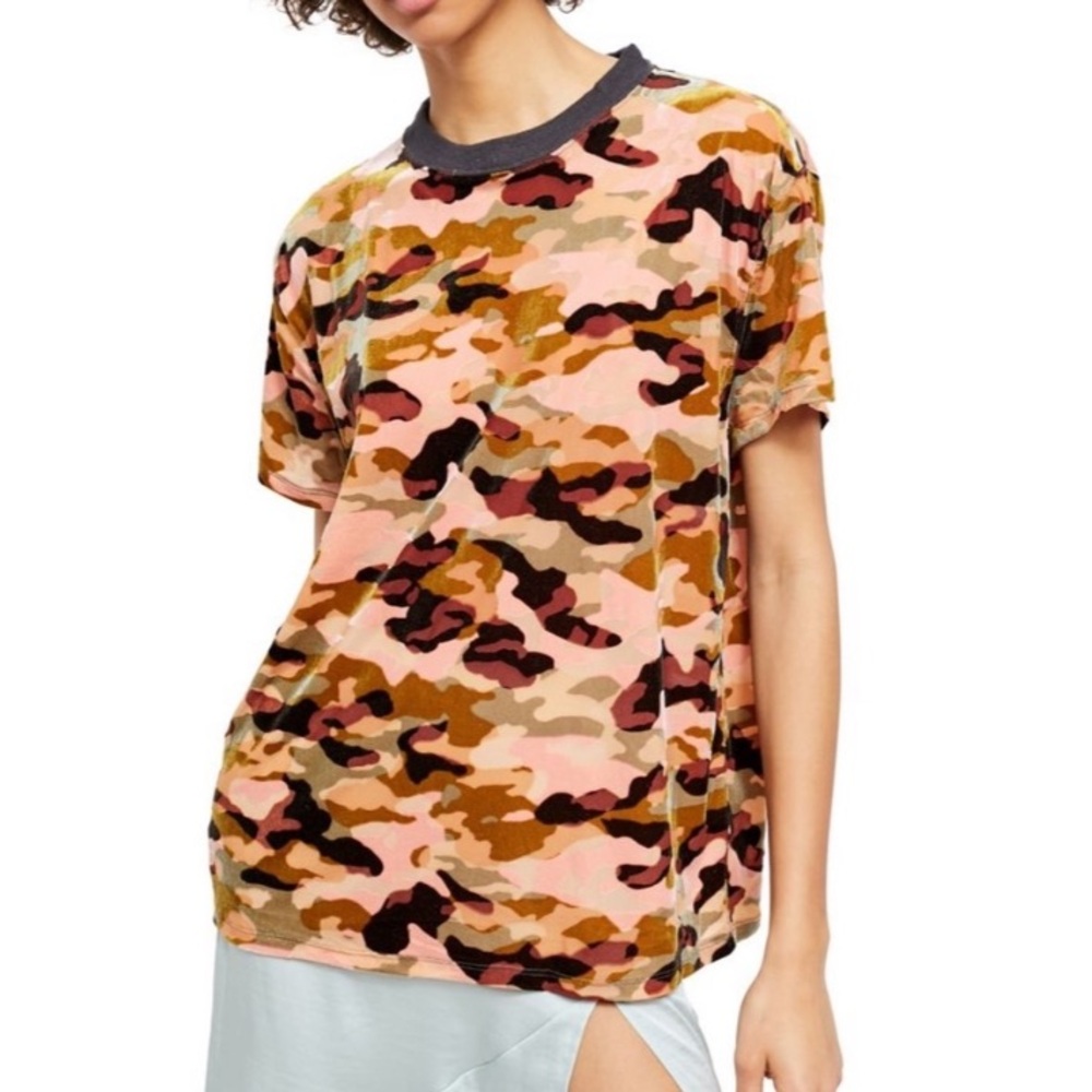 Free People Camo Pink Green Velvet Burnout Boxy Teddy Tee Shirt Desert Combo